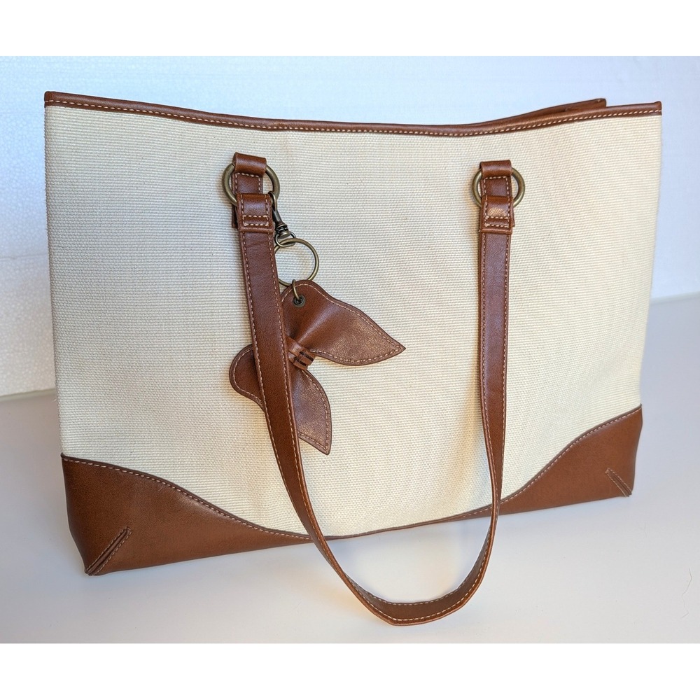 Coldwater Creek Canvas Tote Bag Brown‎ Trim Cream Shoulder Bag with Pouch